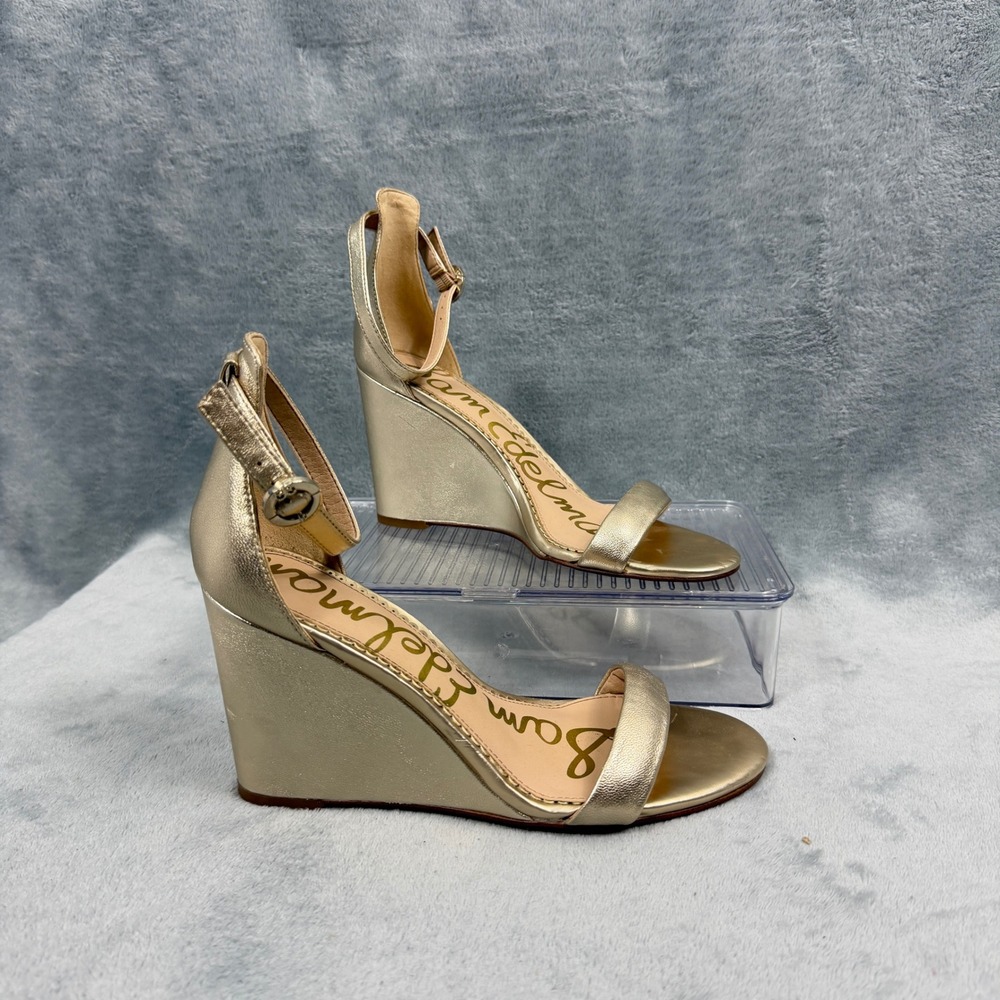 Sam Edelman Womens 7.5 Gold Wedge Sandals Metallic Leather Ankle Strap Heels
